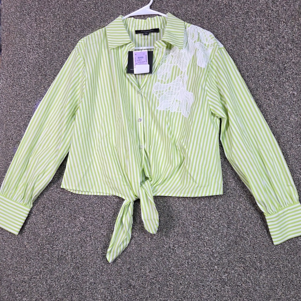 Marc New York Button Down Women Size‎ M Green Stripe Tie Front Lace M5MTA319